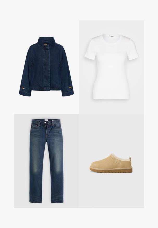 Jeansjacke in Dunkelblau. Mit hohem Kragen, vorderem Knopfverschluss und Seitentaschen. Umschlagärmel mit Messingknöpfen.; Weißes Baumwoll-T-Shirt mit kurzen Ärmeln, rundem Ausschnitt und gerippter Textur. Schmal geschnittenes Design mit einer glatten, sauberen Verarbeitung.; Blaue Denim-Jeans mit klassischem geradem Bein, Knopfverschluss und leichten Ausbleichungen an den Oberschenkeln. Keine sichtbaren Verzierungen.; Suede Slipper in hellbraun, ausgestattet mit einem weichen Fellfutter und einer strukturierten Gummisole mit einem leichten Absatz sowie einer Zugschlaufe hinten für einfaches An- und Ausziehen.