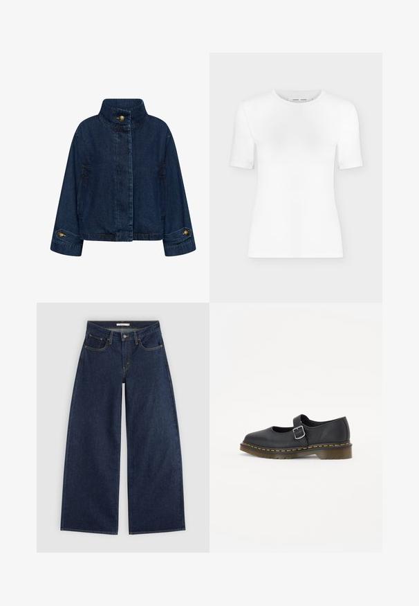 Jeansjacke in Dunkelblau. Mit hohem Kragen, vorderem Knopfverschluss und Seitentaschen. Umschlagärmel mit Messingknöpfen.; Weißes T-Shirt mit kurzen Ärmeln und Rundhalsausschnitt, schlanker Passform und gerippter Stoffstruktur, dargestellt vor einem schlichten hellgrauen Hintergrund.; Dunkelblaue Jeans mit weitem Bein, vorderen Taschen, Gürtelschlaufen und Knopfverschluss, flach auf hellem Hintergrund dargestellt.; Schwarze Leder-Mary-Jane-Schuhe mit abgerundetem Zeh, verstellbarem Schnallenverschluss, gelben Nähten und einer dicken braunen Gummisohle.