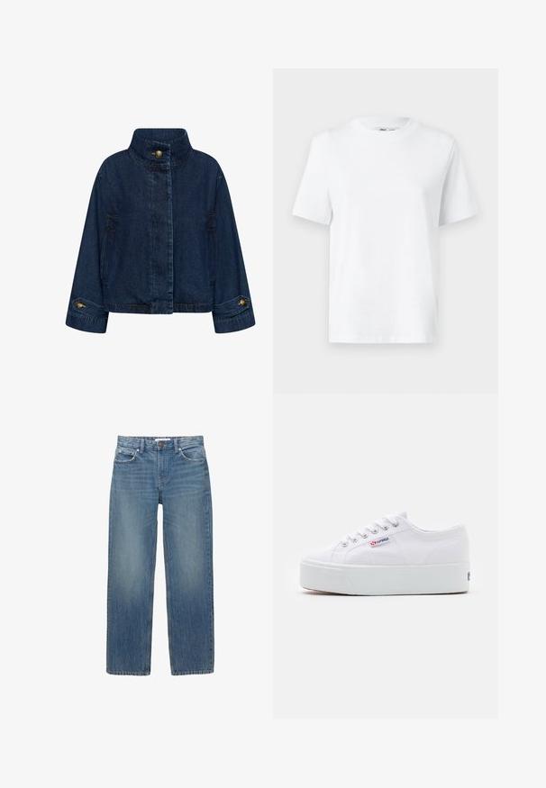 Jeansjacke in Dunkelblau. Mit hohem Kragen, vorderem Knopfverschluss und Seitentaschen. Umschlagärmel mit Messingknöpfen.; Weißes Baumwoll-T-Shirt mit Rundhalsausschnitt, kurzärmlig und mit glatter Textur. Entworfen mit einer lockeren Passform für Komfort und Vielseitigkeit.; Hellblaue Jeans aus Denim mit geradem Schnitt, fünf Taschen und Beschlägen in Kupferfarbe. Der Stoff hat eine leichte Ausbleichung und eine glatte Textur.; Weiße Leinenschuhe mit einer dicken weißen Plattformsohle, runder Zehenpartie und Metallösen für die Schnürsenkel. Markenlogo an der Seite angebracht.