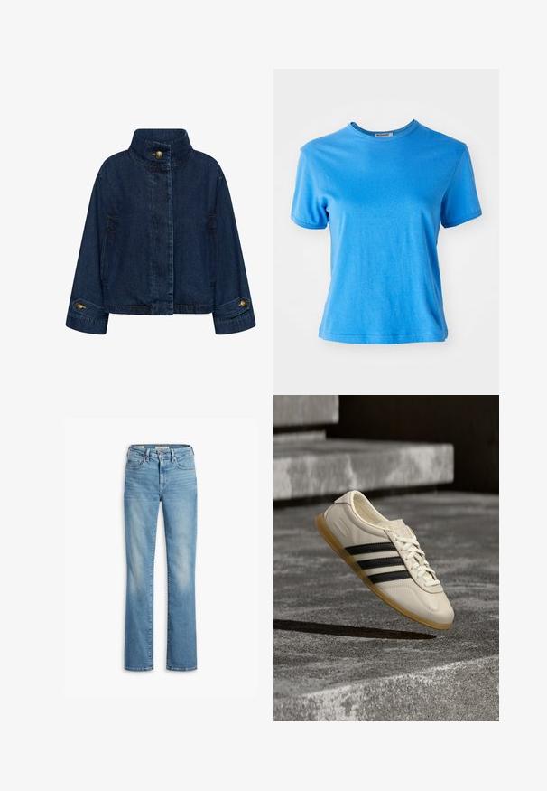 Jeansjacke in Dunkelblau. Mit hohem Kragen, vorderem Knopfverschluss und Seitentaschen. Umschlagärmel mit Messingknöpfen.; Blaues kurzärmliges T-Shirt aus Baumwolle. Runder Halsausschnitt mit glatter Textur und einem etwas lockeren Schnitt. Keine Muster oder zusätzlichen Akzente.; Hellblaue Jeans aus Denim mit geradem Bein, Knopfverschluss, fünf Taschen und ausgewaschenen Bereichen für einen abgetragenen Look. Sauber verarbeiteter Saum.; Weißer Sneaker mit schwarzen Streifen und Gummisohle schwebt über Betontreppen im sanften Tageslicht.