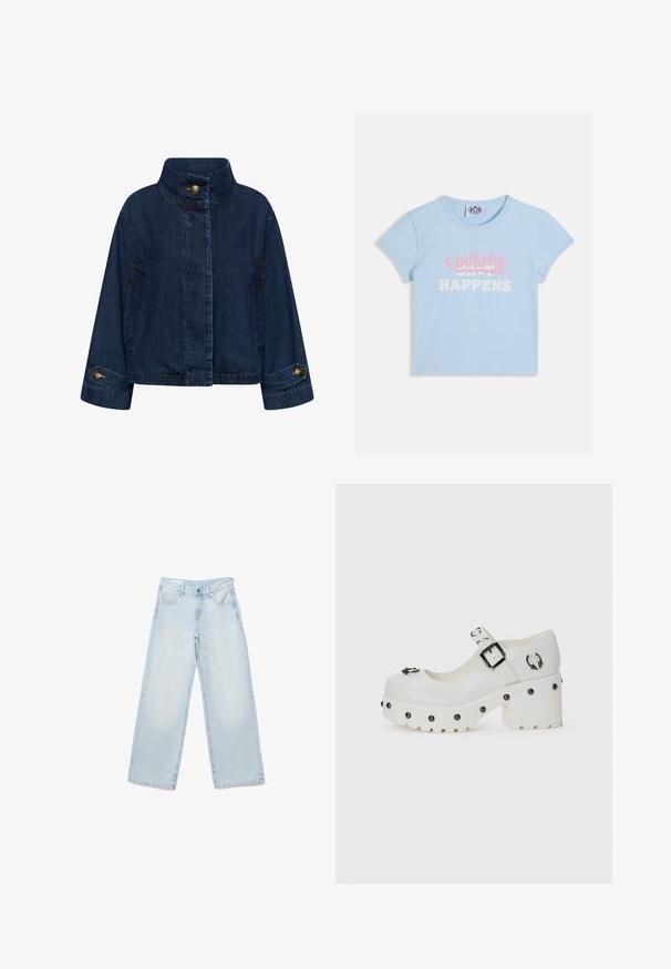 Jeansjacke in Dunkelblau. Mit hohem Kragen, vorderem Knopfverschluss und Seitentaschen. Umschlagärmel mit Messingknöpfen.; Hellblaues, kurzärmeliges Cropped-Top mit "COUTURE" in pinker Graffiti-Schrift über dem weißen Slogan "SHIT HAPPENS".; Hellblaue weit geschnittene Jeans aus Denim mit vorderen Knöpfen, Reißverschluss und schrägen Taschen vorne, flach auf einem weißen Hintergrund liegend.; Weiße Plateauschuhe mit abgerundetem Zehenbereich, Schnallenriemen und kreisförmigen Nieten. Texturierte Sohle mit leichtem Absatz und dekorativem Hardware-Detail.