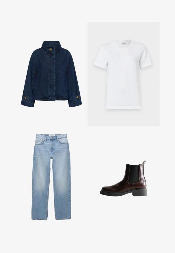 Jeansjacke in Dunkelblau. Mit hohem Kragen, vorderem Knopfverschluss und Seitentaschen. Umschlagärmel mit Messingknöpfen.; Weißes Baumwoll-T-Shirt mit rundem Halsausschnitt, kurzen Ärmeln, gerader Saum und glatter Textur. Keine Muster oder zusätzliche Verzierungen.; Helle blaue Jeans aus Denim mit geradem Bein, Fünf-Taschen-Stil und sichtbaren Nähdetails. Der Stoff hat eine weiche, leicht ausgewaschene Textur.; Braune Leder-Boots mit elastischen Seitenteilen, runder Spitze und einer strukturierten schwarzen Gummisohle. Verfügt über kontrastierende Nähte und eine Ziehlasche.