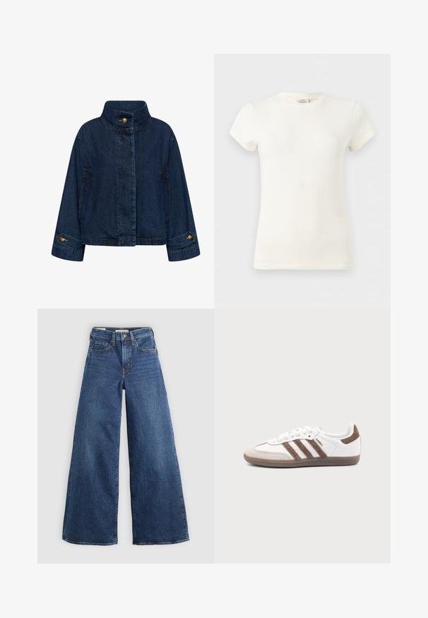 Chaqueta de mezclilla en azul oscuro. Presenta un cuello alto, cierre frontal con botones y bolsillos laterales. Mangas con puños y botones de latón.; Camiseta de algodón blanca lisa de manga corta y cuello redondo, mostrada sobre un fondo gris claro.; Vaqueros de mezclilla azul de pierna ancha con cinco bolsillos, cierre de botón y costuras en contraste, con un acabado suave y texturizado.; Zapatilla blanca Adidas Samba con franjas de ante marrón, suela de goma marrón y puntera de ante beige, vista desde el lado exterior sobre un fondo liso.
