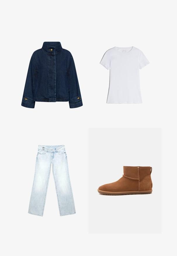 Jeansjacke in Dunkelblau. Mit hohem Kragen, vorderem Knopfverschluss und Seitentaschen. Umschlagärmel mit Messingknöpfen.; Schlichtes weißes Kurzarm-T-Shirt mit Rundhalsausschnitt, flach liegend ohne sichtbare Muster oder Logos.; Hellblaue Jeans mit weitem Bein, Vorderentaschen, Gürtelschlaufen und Knopfverschluss vor weißem Hintergrund.; Brauner Wildleder-Stiefelette mit flacher Sohle und Zuglasche hinten, von der Seite auf hellem, einfarbigem Hintergrund gezeigt.