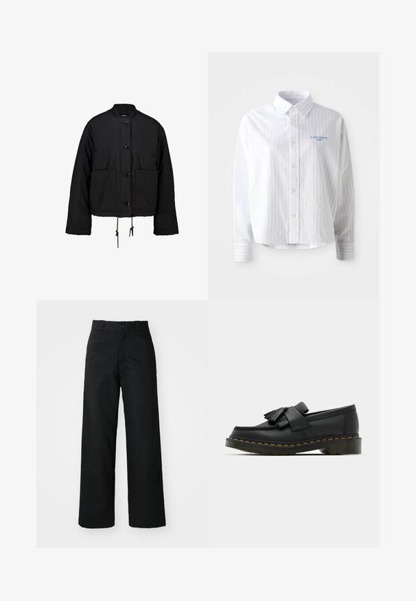 Chaqueta negra corta hecha de tejido acolchado, con un cuello redondo, botones frontales, dos grandes bolsillos y un cordón ajustable en el dobladillo.; Camisa blanca de botones con rayas verticales en azul claro, un cuello puntiagudo y un pequeño logo azul en el lado izquierdo del pecho. Tejido de algodón, corte relajado.; Pantalones de pierna ancha negros con un frente plano, cierre de botón y pasadores para cinturón. Hechos de una tela duradera con una textura suave.; Mocasines de cuero negro con punta redonda, que presentan un detalle de flecos y una banda decorativa en la parte frontal, montados sobre un tacón grueso.