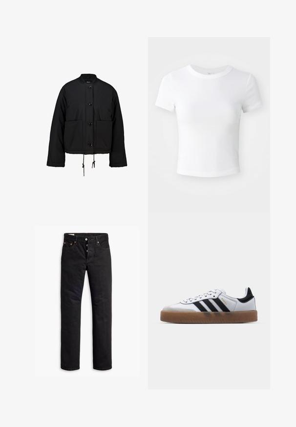 Chaqueta negra corta hecha de tejido acolchado, con un cuello redondo, botones frontales, dos grandes bolsillos y un cordón ajustable en el dobladillo.; Camiseta corta de manga corta blanca, con cuello redondo, exhibida sobre un fondo neutral claro.; Vaqueros de denim negro con corte recto, diseño de cinco bolsillos y cierre de botón. Presenta remaches de cobre y detalles de costura.; Zapatillas de cuero blancas con rayas negras, suela de goma, puntera redonda, cierre de cordones y caperuza de ante gris suave.