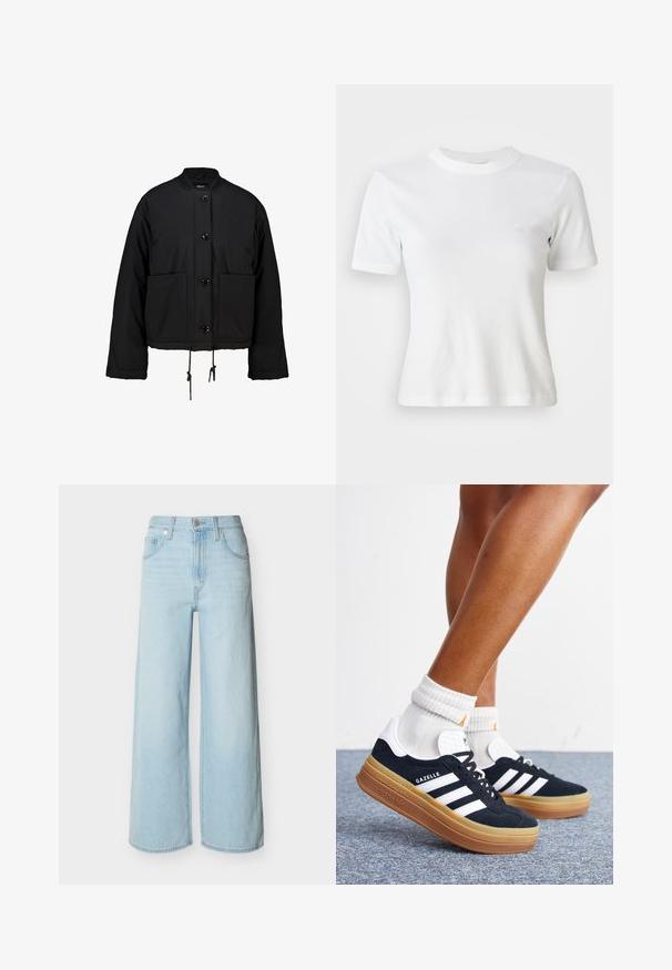 Schwarze, kurz geschnittene Jacke aus gepolstertem Stoff, mit rundem Halsausschnitt, vorderen Knöpfen, zwei großen Taschen und verstellbarem Kordelzug am Saum.; Weiße, gerippte Kurzarm-T-Shirt mit Rundhalsausschnitt und kleinem Logo auf der Brust. Aus weichem Stoff gefertigt mit taillierter Passform.; Hellblaue Jeans mit weitem Bein, vorne mit Knopf- und Reißverschluss, Gürtelschlaufen und klassischem Fünf-Taschen-Design.; Beine mit weißen Socken und schwarzen Adidas Gazelle Sneakers mit weißen Streifen und dicken braunen Sohlen auf einem grauen Teppichboden.
