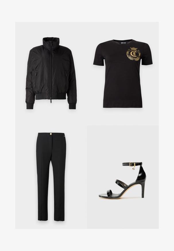 Veste doudoune noire avec un col haut, fermeture éclair à l'avant et deux poches latérales zippées. Comprend des poignets élastiques et un design court.; T-shirt noir à manches courtes avec col rond et logo blason doré sur la poitrine gauche portant la mention "Just Cavalli Creative Department."; Pantalon droit pour femmes noires, avec pli sur le devant, braguette zippée et fermeture à bouton doré sur un fond uni.; Sandale en cuir verni noir avec trois brides, boucle de cheville et talon aiguille de 10 cm. Présente un détail en métal doré et un charm logo.