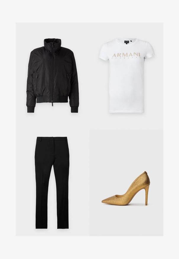 Veste doudoune noire avec un col haut, fermeture éclair à l'avant et deux poches latérales zippées. Comprend des poignets élastiques et un design court.; T-shirt blanc manches courtes col rond avec un logo doré « Armani Exchange » imprimé sur la poitrine.; Pantalon habillé noir sur mesure avec passants pour ceinture, fermeture éclair à l'avant et jambes droites et ajustées, présenté sur un fond blanc uni.; Escarpin à talon aiguille doré pailleté avec un bout pointu et une découpe arrondie. Présente une texture lisse et élégante ainsi qu'un talon stiletto pour un style rehaussé.