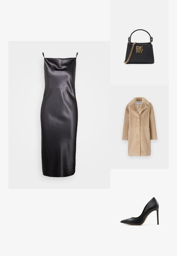 STAND STUDIO CAMILLE COCOON COAT - Vinterfrakke - powder beige; Samsøe Samsøe FREDERICKA LONG DRESS - Cocktailkjole / festkjole - ombre dark; ALDO STESSY2.0 - Højhælede pumps - other black; Sort håndtaske med struktureret design, tekstureret overflade, guldfarvede detaljer og kædestrop. Har DKNY-logoet på fronten.