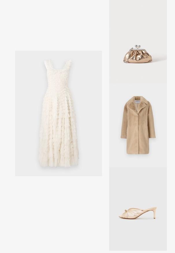 STAND STUDIO CAMILLE COCOON COAT - Vinterfrakke - powder beige; Hvid knælang kjole med et tekstureret, flæset design. Har brede stropper og en tætsiddende liv, med kaskader af flæser gennem hele nederdelen.; Åben tå, metallisk gylden mule-sandal med en midt-høj, slank hæl og tynde, krydsede remme på en neutral baggrund.; Lille gylden metalisk clutch taske med sølvspænde og kæderem på ensartet lyst baggrund.