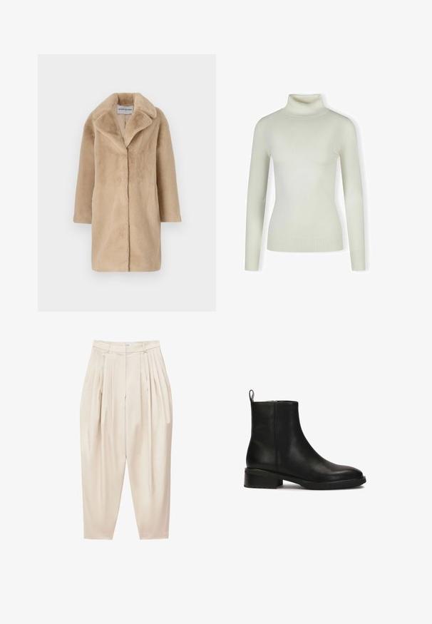 STAND STUDIO CAMILLE COCOON COAT - Vinterfrakke - powder beige; Lys cremefarvet sweater med rullekrave lavet af blødt, ribbet materiale; tætsiddende design med lange ærmer og tekstureret kant. Ingen mønstre eller detaljer.; Beige plisserede bukser med høj talje, tilspidsede ben og lynlås foran.; Sort læder ankelstøvle med rund tå, kort skaft, minimalistisk design og en lav stablet hæl for stabilitet. Har en løftestrop.