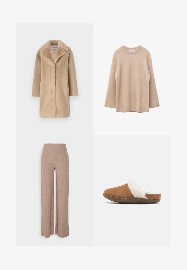 STAND STUDIO CAMILLE COCOON - Vinterfrakke - powder beige; Beige langærmet sweater med rund hals, blød og fnugget tekstur og løs pasform, vist mod en hvid baggrund.; Beige ribbede vide bukser med høj talje og blød tekstur, der har en løs pasform og ingen synlige lukninger.; Brune ruskindssutsko med en hvid fluffy foring og en tekstureret sål. Har en syet kant og en lille brandingdetalje på hælen.