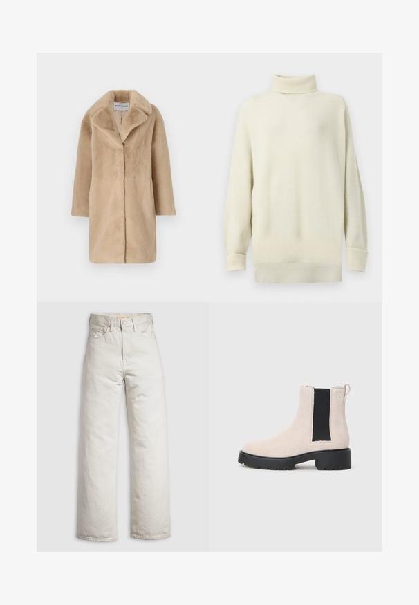 STAND STUDIO CAMILLE COCOON COAT - Vinterfrakke - powder beige; Kremfarvet rullekrave-trøje med ribstrik, afslappet pasform og sænkede skuldre. Har lange ærmer og en lige kant.; Off-white, højttaljede jeans med lige ben, frontknap, lynlåslukning og fem-lomme-design på en ensartet hvid baggrund.; Beige ruskind Chelsea-støvle med sort elastisk sidepanel, chunky sort sål og hæftetap ved anklen.