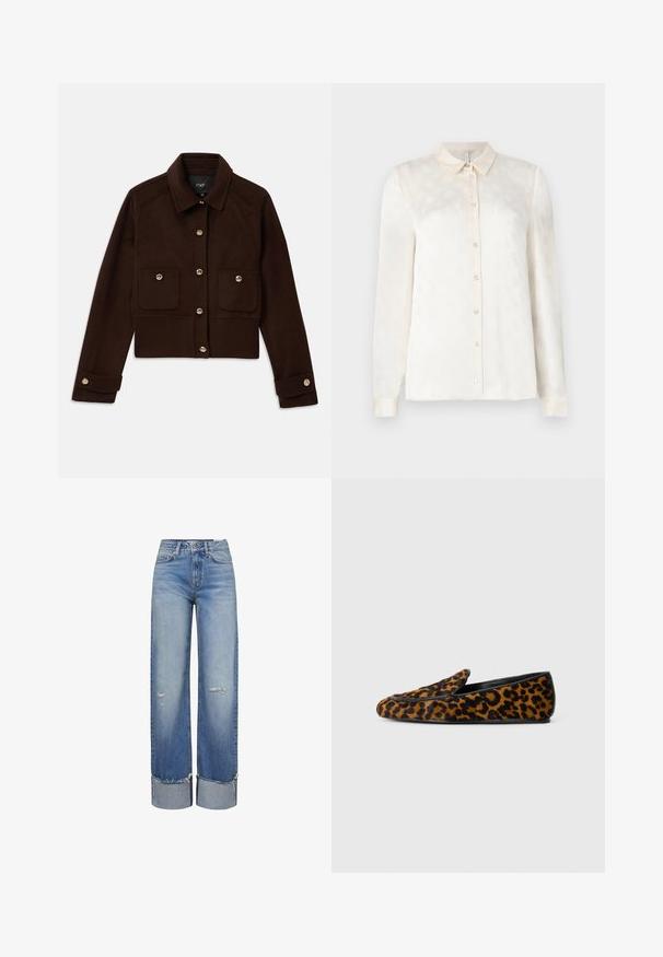 Donkerbruin cropped jack met lange mouwen, knoopsluiting aan de voorkant en manchetknopen, en twee zakken met kleppen en knopen op de borst.; Witte langslokige blouse met een kraag, knoopsluiting aan de voorkant, gemaakt van een gladde stof met een subtiel reliëfpatroon.; Blauwe hoge taille wijde broekspijpen jeans met omgeslagen rafelige zomen en versleten details op de dijen en knieën.; Dames platte loafers met bruin en zwart luipaardpatroon, zwarte afwerking en instapstijl, afgebeeld tegen een witte achtergrond.