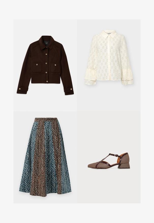 Mørkebrun cropped jakke med lange ærmer, knaplukning foran og ved håndleddene samt to klaplommer med knapper på brystet.; Kremfarvet blondebluse med lange lagdelte klokkeærmer, spids krave og knaplukning foran.; Brun og blå midi nederdel med zigzag mønster, plisseret design og en tætsiddende talje. Fremstillet af letvægtsstof.; Chie Mihara HIDROW - Pumps - t moony peach/sucre grape
