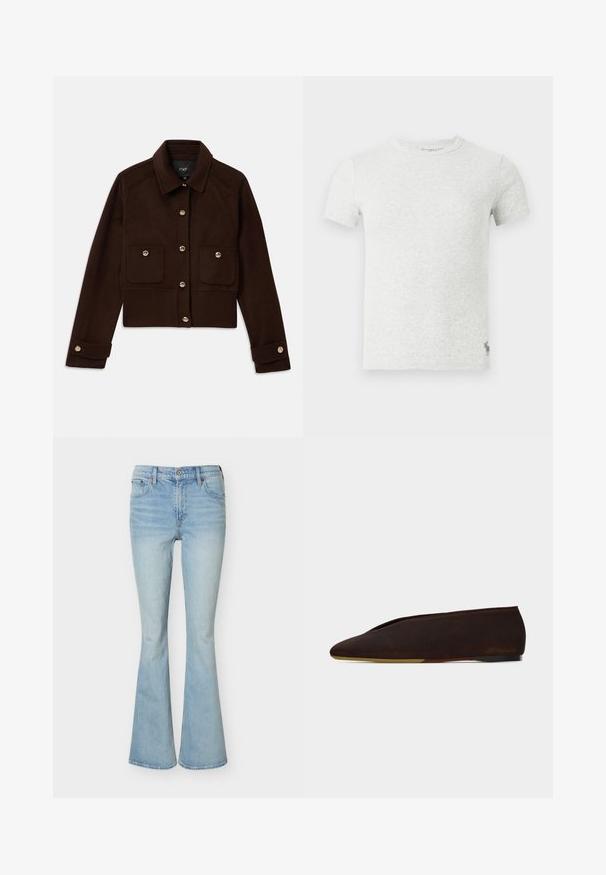 Mørkebrun cropped jakke med lange ærmer, knaplukning foran og ved håndleddene samt to klaplommer med knapper på brystet.; Lysegrå ribbet T-shirt med korte ærmer og rund halsudskæring med lille broderet logo nær sømmen på venstre side.; Lyseblå højtaljede denimjeans med udviddede ben, frontknap, lynlås og femlomme-design mod en ensfarvet baggrund.; Mørkebrune ruskindssko med flad kyst og spids snude samt lav hæl, vist fra siden på hvid baggrund.