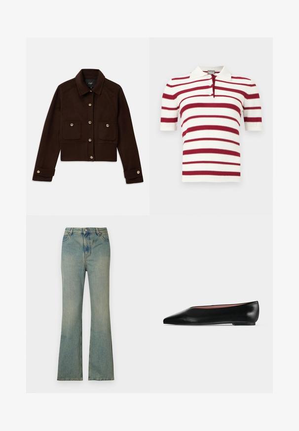 Veste courte marron foncé à manches longues, avec une fermeture à boutons à l'avant et aux poignets, et deux poches à rabat avec boutons sur la poitrine.; Polo en maille à manches courtes avec rayures horizontales blanches et rouge foncé et un col à patte à deux boutons.; Jean flare en denim bleu clair à taille haute, cinq poches et fermeture éclair. Fini propre et décoloré avec des détails de couture subtils.; Chaussure plate en cuir noir pour femme, avec bout pointu et petit talon, vue de côté sur un fond gris clair uni.