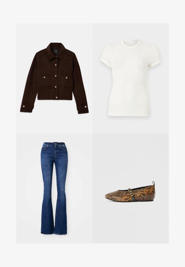 Veste courte marron foncé à manches longues, avec une fermeture à boutons à l'avant et aux poignets, et deux poches à rabat avec boutons sur la poitrine.; T-shirt blanc en maille côtelée à manches courtes avec col rond et manches légèrement bouffantes.; Jean évasé bleu foncé à taille haute, en denim, avec des coutures contrastantes et une fermeture à bouton sur le devant.; Ballerine en simili motif peau de serpent avec des nuances de brun et de noir. Dotée d'une bride noire et d’un détail en métal doré. Texture lisse.