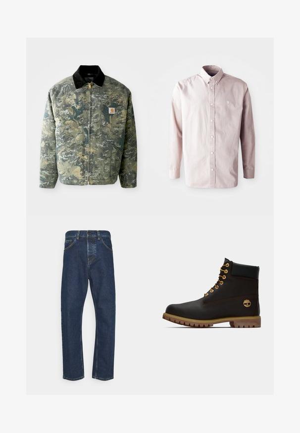Chaqueta de camuflaje en tonos de verde y marrón, con un cuello de terciopelo negro y un bolsillo frontal con una etiqueta de logo. Cierre de cremallera.; Camisa de manga larga rosa claro, de botón, hecha de algodón, con un collar clásico, botones frontales y un pequeño logo en el lado izquierdo del pecho.; Jeans rectos de color azul oscuro con botón frontal, cierre de cremallera y bolsillos, mostrados contra un fondo blanco.; Bota de cuero negro de tobillo con ojales dorados, acentos marrones y suela de goma. Presenta un cuello acolchado y un logotipo en relieve en el costado.