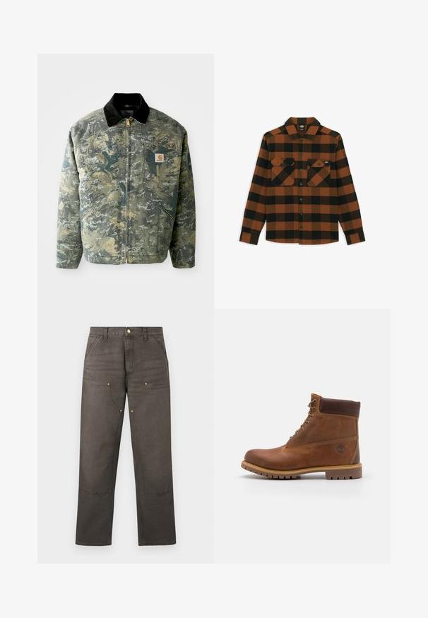 Camo-gepatroneerde jas in groen- en bruintinten, met een zwarte corduroy kraag en een voorzak met een logo-label. Ritsluiting.; Langarmshirt in een oranje en zwart geruit patroon, gemaakt van een gestructureerde stof. Heeft twee borstzakken en een knoopsluiting aan de voorkant.; Bruine rechte werkbroek met versterkte kniezakken, voorzakken, lussen voor een riem en een knoopsluiting.; Bruine leren wandelschoen met een gladde afwerking, gevoerde enkel, metalen oogjes en een rubberen zool met een robuust profiel.