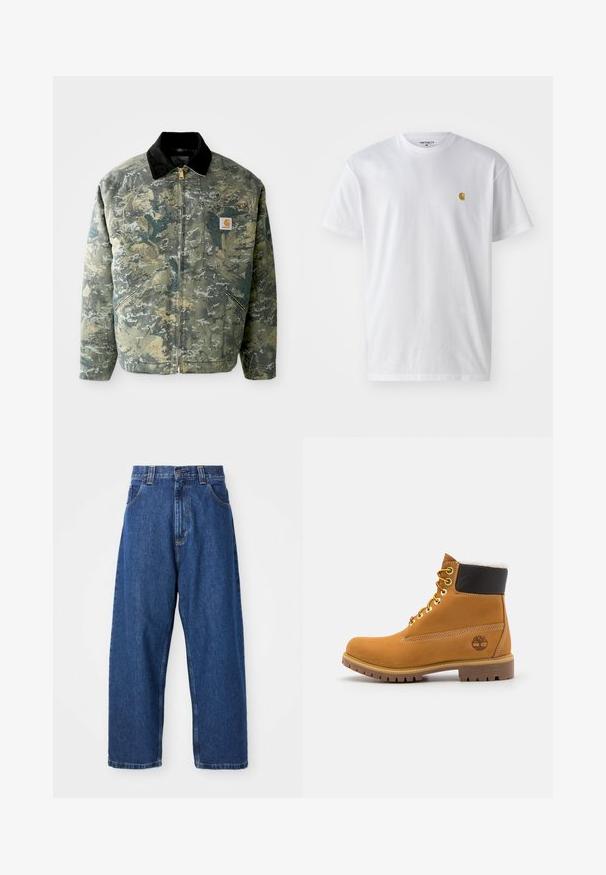 Chaqueta de camuflaje en tonos de verde y marrón, con un cuello de terciopelo negro y un bolsillo frontal con una etiqueta de logo. Cierre de cremallera.; Camiseta de algodón blanca con mangas cortas, cuello redondo, que presenta un pequeño logo dorado en la parte izquierda del pecho. Textura suave y corte regular.; Jeans de pierna ancha de denim en azul oscuro. Presentan una cintura alta, trabillas para cinturón y un diseño clásico de cinco bolsillos. Bajo cosido con un acabado limpio.; Botín de cuero marrón con ojales de metal, forro de piel sintética blanca, cuello acolchado negro, suela resistente y logotipo en relieve en el costado.