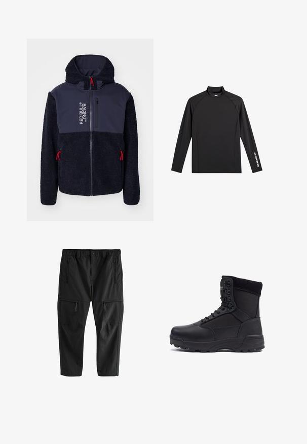 Chaqueta de forro polar azul marino con una textura suave, detalles en rojo, cierre completo y estampado de logo. Cuenta con capucha y dos bolsillos laterales con cremallera.; Camiseta negra deportiva de manga larga con cuello alto falso, corte ajustado y logo blanco "J.Lindeberg" en la manga izquierda y el cuello.; Pantalones negros ligeros con cinturilla elástica, dos bolsillos laterales con cremallera y dos bolsillos cargo con cremallera. Textura suave y corte recto.; Bota táctica negra con parte superior de piel lisa y paneles de tela, diseño de tobillo alto, cierre con cordones y suela de goma resistente.