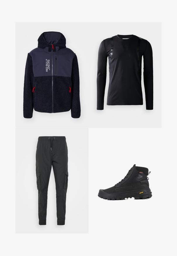 Marine fleecejack met een zachte textuur, rode accenten, volledige ritssluiting en logo-opdruk. Heeft een capuchon en twee ritszakken aan de zijkanten.; Zwarte lange-mouwen sportshirt gemaakt van glad, rekbaar materiaal. Kenmerkt zich door glanzende zwarte accenten op de schouders en een Adidas-logo op de borst.; Zwarte cargobroek van lichtgewicht stof, met een verstelbare trekkoord taille, elastische manchetten en twee zijzakken.; Zwarte hoge laarzen met een gestructureerd oppervlak, voorzien van een waterdicht ontwerp, vetersysteem en een opvallende rubberen zool met Vibram-merktekens.