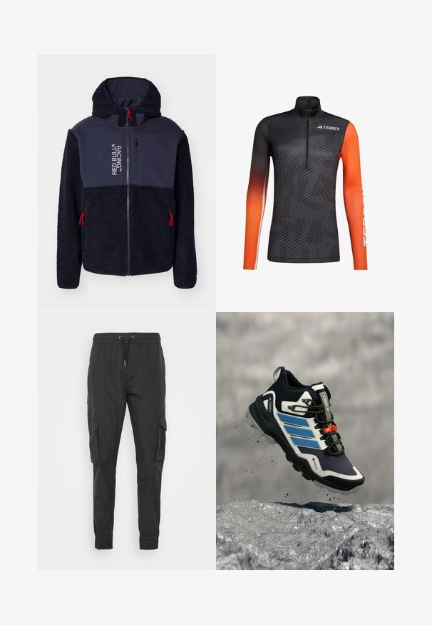 Chaqueta de forro polar azul marino con una textura suave, detalles en rojo, cierre completo y estampado de logo. Cuenta con capucha y dos bolsillos laterales con cremallera.; Camiseta deportiva de manga larga con rayas negras y gris oscuro, cuello alto, cremallera frontal y mangas de color naranja brillante, con la marca "TERREX" en el pecho y la manga.; Pantalones cargo negros hechos de un tejido ligero, con una cintura ajustable con cordón, puños elásticos y dos bolsillos laterales.; Zapato de senderismo Adidas Terrex negro y azul con suela rugosa, flotando sobre terreno rocoso con tierra volando alrededor.