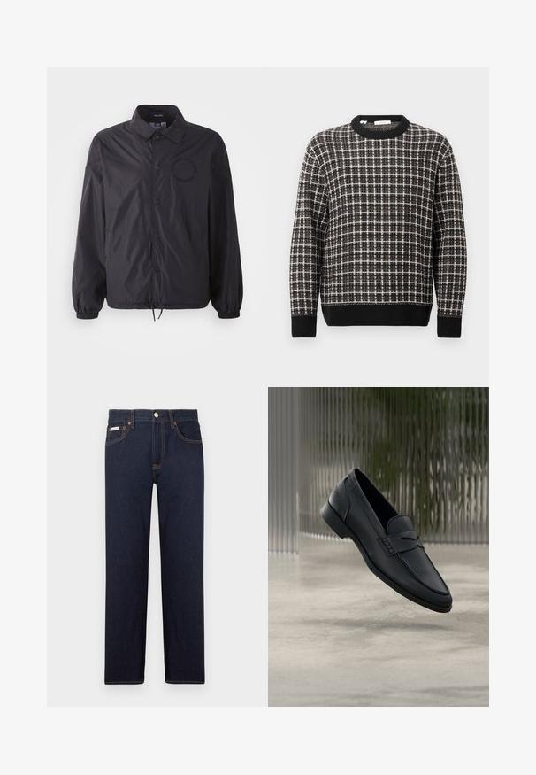 Schwarze, leichte Jacke mit Knopfleiste, elastischen Bündchen, verstellbarem Saum und gesticktem Logo auf der Brust. Glattes, leicht glänzendes Material.; Schwarz-weißer karierter Rundhals-Pullover mit gerippten Bündchen und Saum, präsentiert vor einem schlichten hellen Hintergrund.; Dunkelblaue Denim-Jeans mit geradem Schnitt, einem klassischen Fünf-Taschen-Design und kontrastierenden orangen Nähten. Mit metallischem Knopfverschluss.; Schwarzer Lederloafer mit glatter Oberfläche, spitzer Zehenpartie und gestickten Details über dem Spann. Niedriger Absatz und minimalistisches Design.