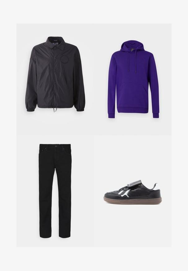 Schwarze, leichte Jacke mit Knopfleiste, elastischen Bündchen, verstellbarem Saum und gesticktem Logo auf der Brust. Glattes, leicht glänzendes Material.; Lila Pullover-Hoodie aus weichem Baumwollmix mit einer Fronttasche und Kapuze mit Kordelzug. Verfügt über gerippte Bündchen und Saum sowie ein dezentes Logo-Detail.; Schwarze gerade geschnittene Jeans mit Knopf und Reißverschluss vorne, Fünf-Taschen-Design, auf einem weißen Hintergrund präsentiert.; Schwarzer Ledersneaker mit weißen Akzenten, strukturierten Nähten und gepolsteter Zunge. Verfügt über eine Gummisohle und ein Schnürdesign.