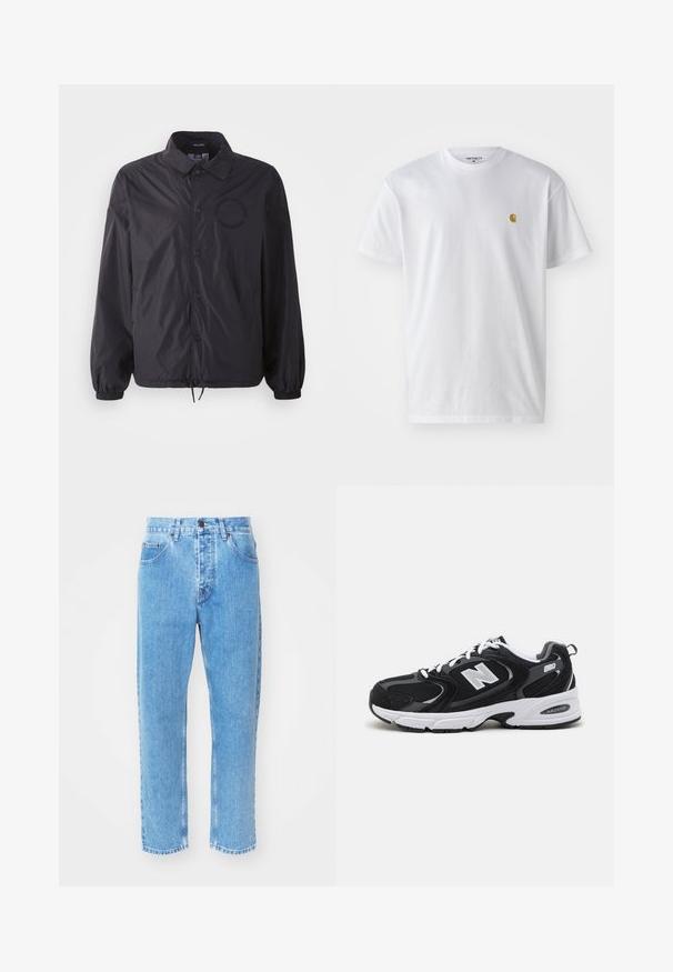 Schwarze, leichte Jacke mit Knopfleiste, elastischen Bündchen, verstellbarem Saum und gesticktem Logo auf der Brust. Glattes, leicht glänzendes Material.; Weißes Baumwoll-T-Shirt mit kurzen Ärmeln, Rundhalsausschnitt, mit einem kleinen goldenen Logo im linken Brustbereich. Weicher Stoff und normale Passform.; Hellblaue Denim-Jeans verfügen über ein gerades Bein-Design, fünf Taschen und einen klassischen Knopfverschluss am Bund.; Schwarze und graue Sportschuhe mit Obermaterial aus Mesh und Wildleder, ausgestattet mit einer weißen Zwischensohle, Schnürsenkeln und einem markanten "N"-Logo an der Seite.