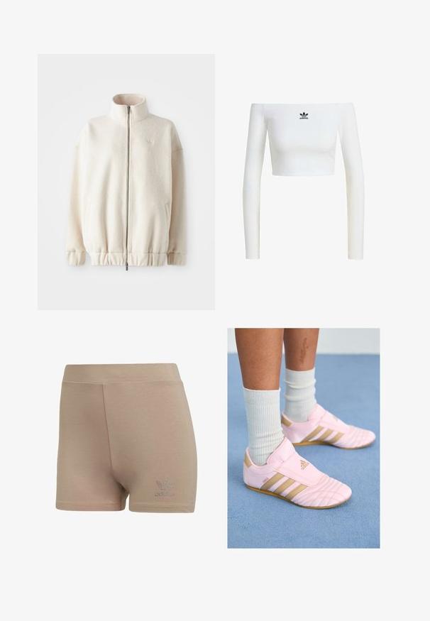 Fleece-Reißverschlussjacke in Creme mit einem hohen Kragen, gerippten Bündchen, elastischem Saum und Seitentaschen. Dezentes Logo auf der Brust.; Weißes, schulterfreies Crop-Top aus Rippstoff mit langen Ärmeln und kleinem schwarzem Adidas-Logo auf der Vorderseite.; Beige Shorts aus weichem Stoff, mit glatter Textur, elastischem Bund und einem mit Strasssteinen verzierten Logo auf der linken Seite.; Rosa Sport Schuhe mit goldenen Akzenten, strukturiertem Vorderteil und einem Design mit drei Streifen. Getragen mit gerippten weißen Socken. Flache Gummisohle.
