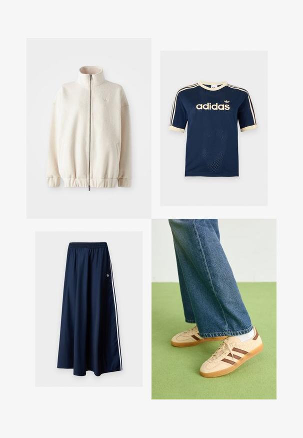 Fleece-Reißverschlussjacke in Creme mit einem hohen Kragen, gerippten Bündchen, elastischem Saum und Seitentaschen. Dezentes Logo auf der Brust.; Marineblaues Adidas Mesh-Kurzarmshirt mit cremefarbenem Besatz, drei cremefarbenen Streifen an den Ärmeln und Adidas-Logo auf der Brust.; Marineblauer Maxirock mit elastischem Bund, zwei weißen Seitenstreifen und kleinem weißen Adidas-Logo auf der linken Seite.; Beige Sneakers mit strukturierten cremefarbenen Paneelen und braunen Streifen, kombiniert mit blauen Jeans. Die Jeans haben einen weiten Beinschnitt und einen fransigen Saum.