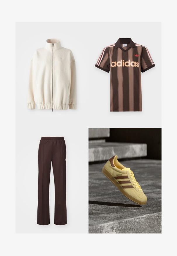 Fleece mikina na zips v krémovej farbe, s vysokým golierom, rebrovanými manžetami, elastickým spodným okrajom a bočnými vreckami. Diskrétny logo na hrudi.; Hnedé prúžkované polo tričko Adidas s výstrihom do V, bordovým golierom a červeným logom. Má bielo-červené pruhy na ramenách a krátke rukávy.; Hnedé športové nohavice s elastickým pásom, dvoma bočnými vreckami a malým logom na ľavej strane, vyrobené z mäkkej látky.; Žltá teniska Adidas Gazelle s hnedými pásmi a detailom na päte, vznášajúca sa nad sivým betónovým povrchom so schodmi v pozadí.