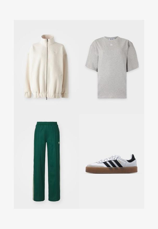 Katoenen fleece jack met ritssluiting in crème, met een hoge kraag, ribgebreide manchetten, elastische zoom en zijzakken. Subtiele logo op de borst.; Lichtgrijs Adidas T-shirt met korte mouwen, ronde hals en klein wit Adidas-logo op de borst, weergegeven op een effen achtergrond.; Donkergroene sportbroek met een relaxte pasvorm, voorzien van een trekkoord in de taille, zijzakken en crèmekleurige strepen aan de zijkanten.; Witte leren sneakers met zwarte strepen, gumrubberen buitenzool, ronde neus, vetersluiting en een zachte grijze suède neuskap.
