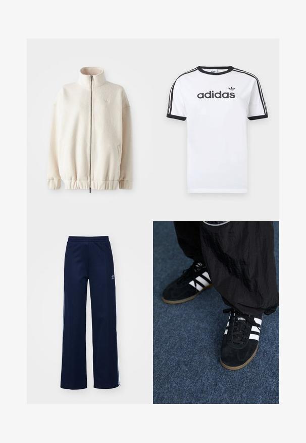 Katoenen fleece jack met ritssluiting in crème, met een hoge kraag, ribgebreide manchetten, elastische zoom en zijzakken. Subtiele logo op de borst.; Wit katoenen T-shirt met zwarte accenten, voorzien van een ronde hals, korte mouwen, drie zwarte strepen op de schouders en het "adidas"-logo in het zwart.; Marineblauwe katoenen joggingsbroek met een brede pijpdesign, elastische tailleband en ritszakken, voorzien van witte zijstrepen en logo-detail.; Zwarte suède sportschoenen met drie witte strepen en zwarte veters. Een gestructureerde zwarte broek is deels zichtbaar naast de schoenen.