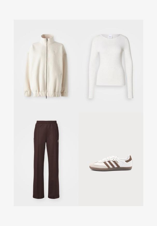 Fleece-Reißverschlussjacke in Creme mit einem hohen Kragen, gerippten Bündchen, elastischem Saum und Seitentaschen. Dezentes Logo auf der Brust.; Weißes Langarm-T-Shirt aus weichem, leichtem Stoff mit rundem Ausschnitt und schlanker Passform, das eine dezente Textur aufweist.; Braune Sporthose mit einem elastischen Bund, zwei Seitentaschen und einem kleinen Logo auf der linken Seite, gefertigt aus weichem Stoff.; Weißer Adidas Samba Sneaker mit braunen Wildlederstreifen, brauner Gummisohle und beiger Wildlederkappe, von der Außenseite auf schlichtem Hintergrund gezeigt.