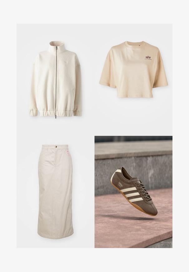 Katoenen fleece jack met ritssluiting in crème, met een hoge kraag, ribgebreide manchetten, elastische zoom en zijzakken. Subtiele logo op de borst.; Beige cropped t-shirt van katoen, met korte mouwen, een ronde halslijn en een bordeauxrode logoafdruk op de linkerborst.; Beige gestreepte rok met een hoge taille, verborgen rits en metalen knoopsluiting. Inclusief een klein merklabel aan de voorkant.; Bruine suède sneaker met witte strepen en merklogo's, voorzien van een ronde neus en een zool van tandgumrubber, zwevend boven een getextureerd oppervlak.