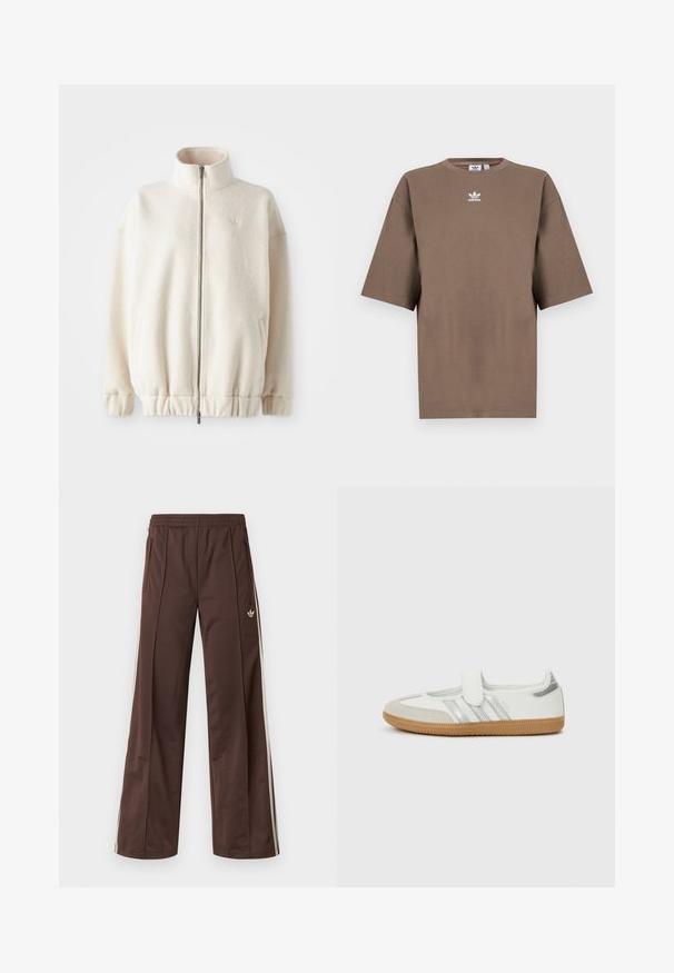 Fleece-Reißverschlussjacke in Creme mit einem hohen Kragen, gerippten Bündchen, elastischem Saum und Seitentaschen. Dezentes Logo auf der Brust.; Braunes Baumwoll-T-Shirt mit kurzen Ärmeln, Rundhals und weißem Adidas-Logo, das zentral auf der Brust platziert ist. Das Design ist schlicht und der Schnitt ist locker.; Braune Sporthose mit weitem Bein, weißen Seitenstreifen, elastischem Bund und zwei Seitentaschen. Mit kleinem Logo am Bein.; Weißer Sneaker mit silbernen Streifen, Wildlederzehenkappe und Klettverschluss. Texturierte Gummisohle in Karamellfarbe. Minimalistisches Design mit glatter Oberfläche.