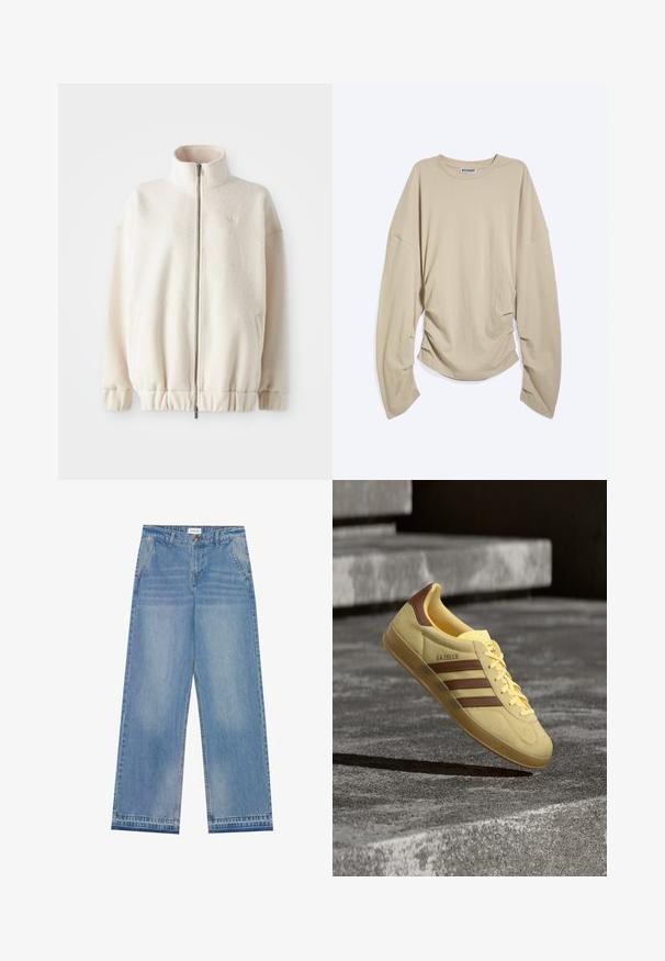 Katoenen fleece jack met ritssluiting in crème, met een hoge kraag, ribgebreide manchetten, elastische zoom en zijzakken. Subtiele logo op de borst.; Beige shirt met lange mouwen en een ronde hals, met oversized mouwen en geplooide zijkanten, plat neergelegd op een witte achtergrond.; Lichtblauwe hoge taille wijde jeans met een knoopsluiting, voorzakken, riemlussen en subtiele vervaagde details.; Gele Adidas Gazelle sneaker met bruine strepen en hiel detail, zwevend boven een grijze betonnen ondergrond met trappen op de achtergrond.