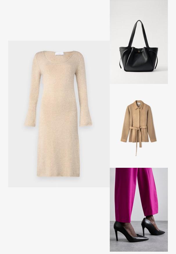 Veste en daim beige avec col, manches longues et taille ceinturée. Présente des coutures en panneaux verticaux et une fermeture à boutons.; Robe en tricot beige avec de longues manches évasées, un col rond et une texture douce ; tombe juste au-dessus du genou avec des bords finis.; Chaussures à talons hauts noires avec un design à bout pointu et une texture en cuir lisse. Associées à des pantalons ajustés rose vif.; Sac en cuir noir avec deux longues anses, un haut resserré et un accent circulaire doré. Texture lisse avec un design minimaliste.