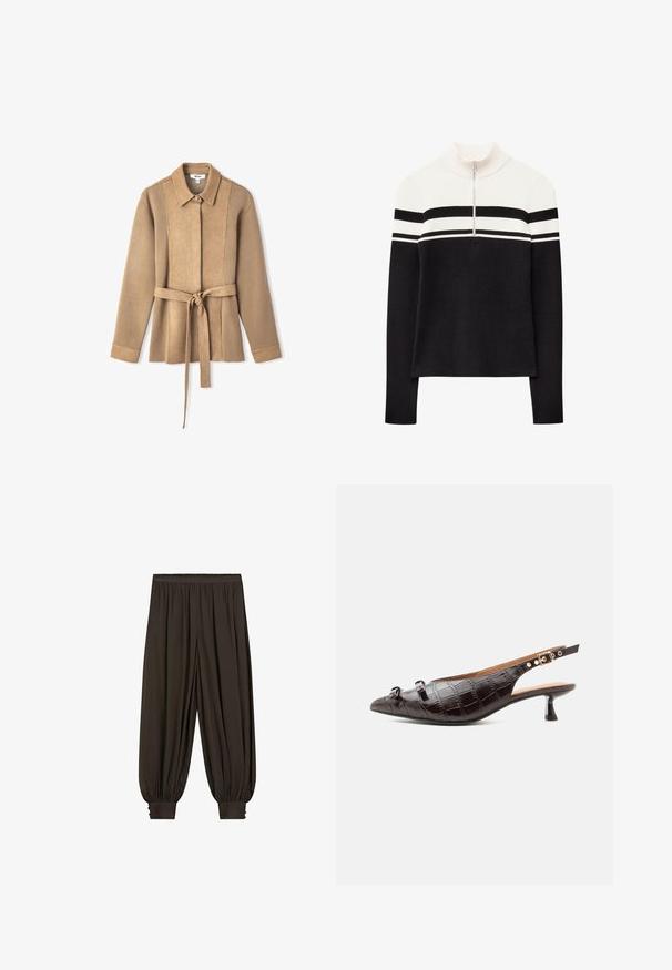 Veste en daim beige avec col, manches longues et taille ceinturée. Présente des coutures en panneaux verticaux et une fermeture à boutons.; Pull en tricot côtelé noir et blanc avec un col montant, fermeture zippée à mi-hauteur et accents à rayures horizontales sur la poitrine et les manches.; Pantalon large marron foncé avec taille élastique froncée et poignets ajustés avec détails de boutons.; Escarpin à bride arrière en cuir embossé effet croco brun foncé, avec bout pointu, petit talon carré, deux nœuds décoratifs et bride ajustable avec boucle dorée.