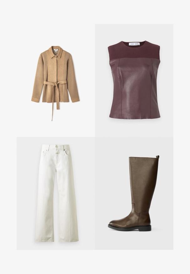 Veste en daim beige avec col, manches longues et taille ceinturée. Présente des coutures en panneaux verticaux et une fermeture à boutons.; Haut sans manches bordeaux avec un corps en cuir lisse et un tissu côtelé au niveau du col et des épaules ; silhouette ajustée avec des détails de coutures.; Jean blanc taille haute à jambes larges avec fermeture boutonnée et zip à l'avant, passants de ceinture et cinq poches sur fond clair.; Bottine en cuir marron, hauteur genou, avec une texture lisse, bout rond, talon noir bas et une languette en haut pour un enfilage facile.