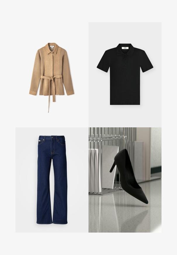 Veste en daim beige avec col, manches longues et taille ceinturée. Présente des coutures en panneaux verticaux et une fermeture à boutons.; Polo noir à manches courtes avec trois boutons et un col souple, tissu texturé, présenté à plat sur un fond clair.; Jeans en denim bleu foncé avec un design à jambes larges, une coupe droite, cinq poches et une fermeture éclair à l'avant. Détails de surpiqûres le long des coutures.; Chaussure noire à talons hauts équilibrée sur son talon sur un comptoir réfléchissant près de porte-dossiers métalliques avec des dossiers blancs.