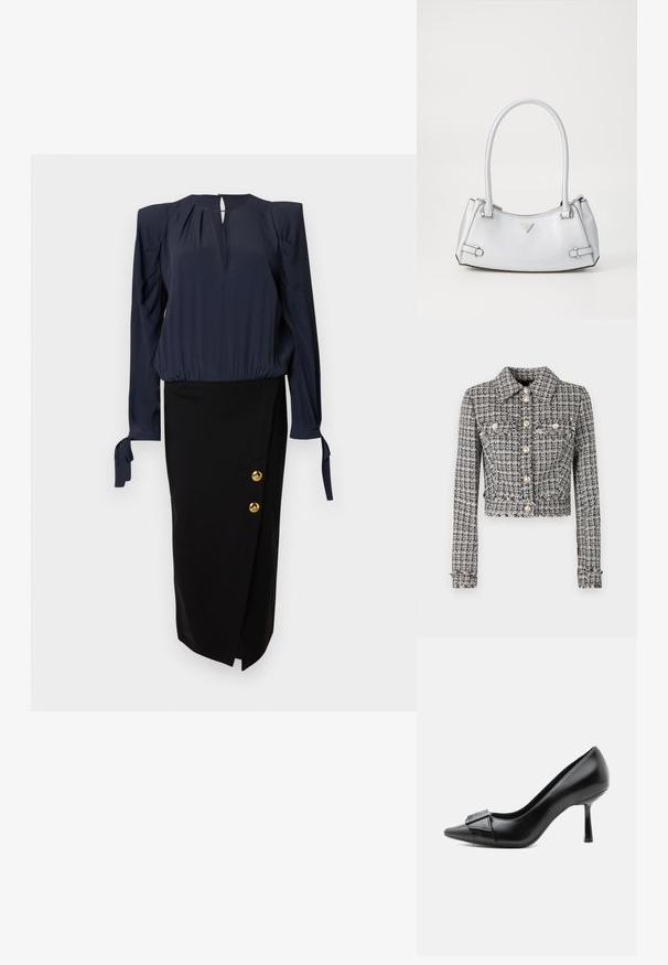 Zwart-wit gebreide jas met een cropped ontwerp, voorzien van een kraag, vijf knopen en twee borstzakken met decoratieve accenten.; Marineblouse met pofmouwen en een keyhole-halslijn, gecombineerd met een zwarte kokerrok met gouden knoopaccenten aan de zijkant.; Zwarte leren hoge hak schoen met puntige neus en decoratieve gesp aan de voorkant, zijaanzicht op een witte achtergrond.; Zilveren handtas met een gestructureerd ontwerp, voorzien van twee handvatten, een glanzende textuur, opvallende hardware en een driehoekig logo aan de voorkant.