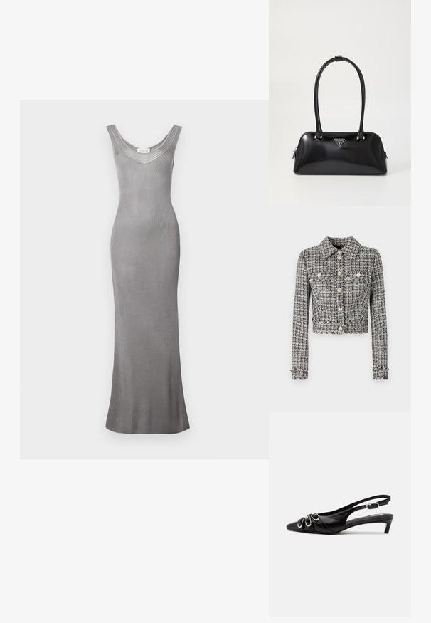 Zwart-wit gebreide jas met een cropped ontwerp, voorzien van een kraag, vijf knopen en twee borstzakken met decoratieve accenten.; Calvin Klein Jeans Maxi-jurk - titanium; Zwarte leren slingback schoen met puntige neus, drie zilveren gespen aan de voorkant en lage kittenhak op witte achtergrond.; Zwarte glanzende handtas met een gebogen silhouet, twee handvatten en een logo plaatje aan de voorkant. Ritssluiting en glanzende hardware accenten.
