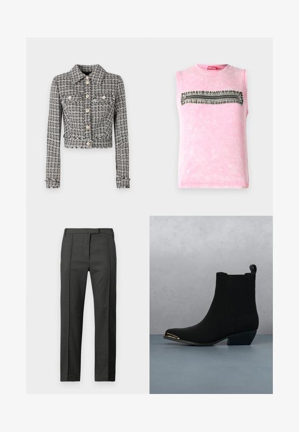 Sort og hvid tweedjakke med en cropped design, der har krave, fem knapper og to brystlommer med dekorative detaljer.; Subløs pink bomulds t-shirt med en vandret sort-hvid mønsterstripe hen over brystet. Rund halsudskæring, blød tekstur.; Mørk grå skræddersyede bukser med pressefold foran, bæltestropper og skjult lukning fortil, præsenteret mod en hvid baggrund.; Sorte ankelstøvler med teksturerede sider, spidse tæer og en lav hæl. Har et guld accent med "GUESS" på hælen. Anbragt på en mønstret fliseoverflade.