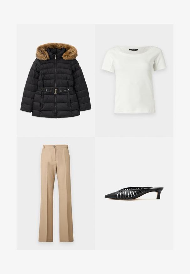 Veste doudoune noire avec une capuche en fausse fourrure, fermeture éclair et une ceinture décorative avec des éléments en métal. Motif matelassé.; Haut blanc en coton à manches courtes pour femmes avec un large col rond sur un fond clair uni.; Pantalon beige à jambe droite avec pli avant, fermeture par bouton et passants pour ceinture, présenté sur un fond uni.; Mule en cuir noir avec bout pointu, design découpé à brides et petit talon kitten sur fond blanc.
