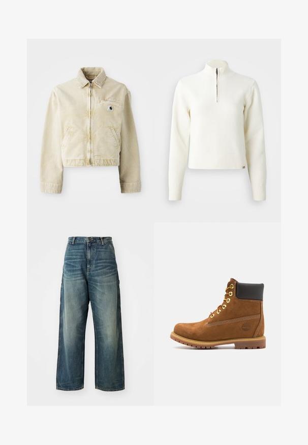 Chaqueta corta beige hecha de tela suave, con cremallera delantera, cuello, dos bolsillos laterales y un pequeño parche con logo en el pecho.; Suéter blanco con cuello de cremallera y mangas largas. Fabricado en un material de punto suave, con puños y dobladillo acanalados. Logo de la marca sutil en el dobladillo.; Jeans de denim de pernera ancha en una lavada azul desteñida. Cuenta con un cierre de botón, cinco bolsillos y costuras visibles. El material tiene una textura suave.; Botín de ante marrón con cuello acolchado negro, ojales dorados, parte delantera con cordones y suela de goma con un patrón texturizado.